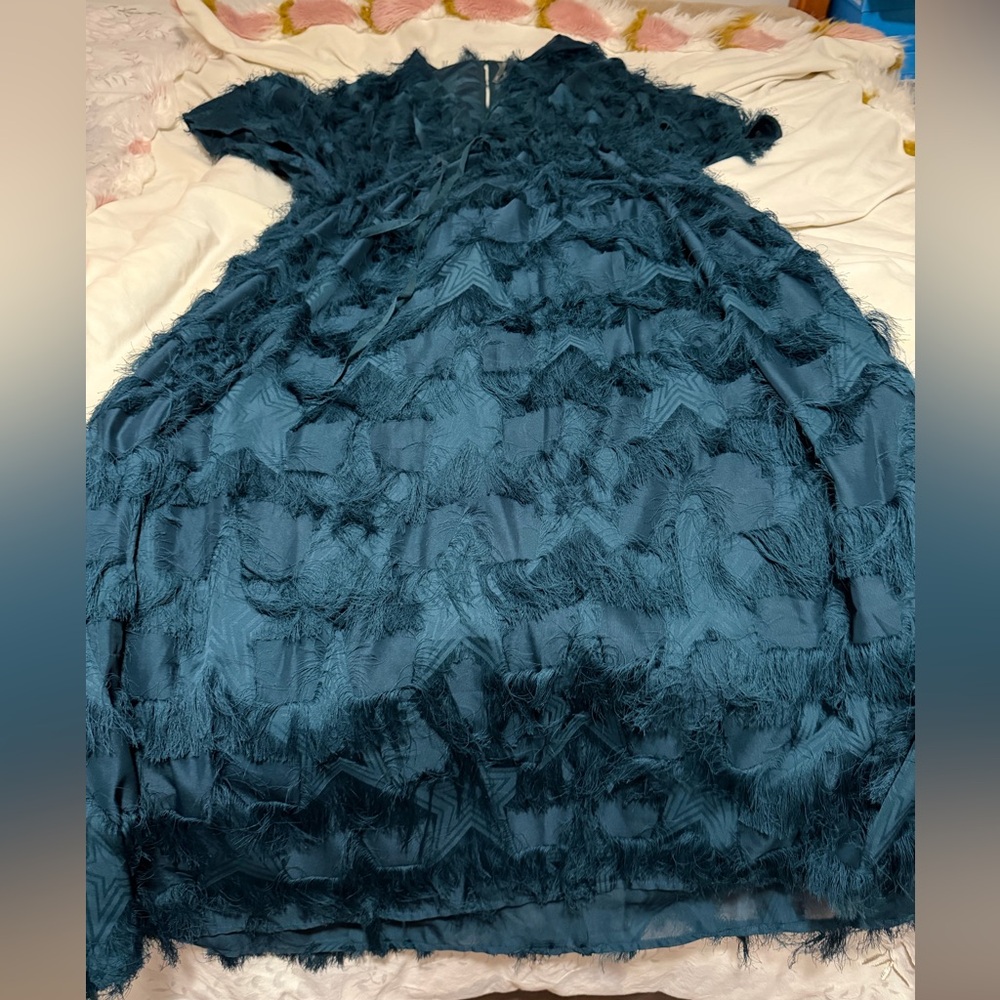 By Anthropologie Teal Fringe Tiered V-Neck Maxi Dress One Size S M L - Picture 5 of 9